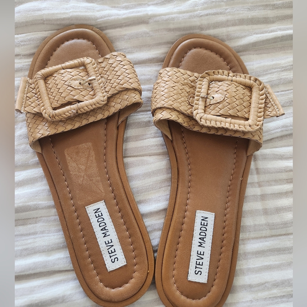 Steve Madden Raffia Buckle Leather Slide Sandals Size 8